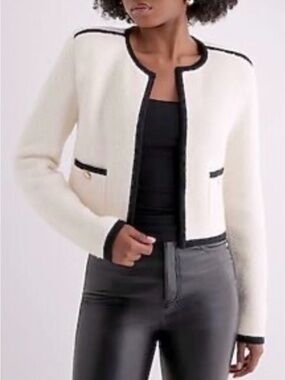 Express Cropped Cream Cardigan with Black Trim and Gold Buttons
